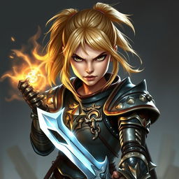 An intense young female human character from Dungeons & Dragons with captivating features and shoulder-length blond hair styled in a ponytail
