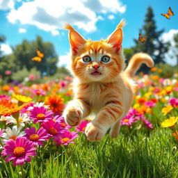A playful cat named Bali, joyfully running around an open garden filled with vibrant flowers and green grass