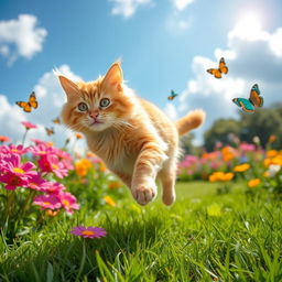 A playful cat named Bali, joyfully running around an open garden filled with vibrant flowers and green grass