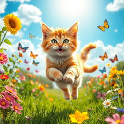 A playful cat named Bali, joyfully running around an open garden filled with vibrant flowers and green grass