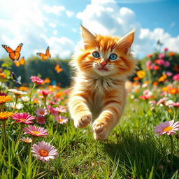 A playful cat named Bali, joyfully running around an open garden filled with vibrant flowers and green grass