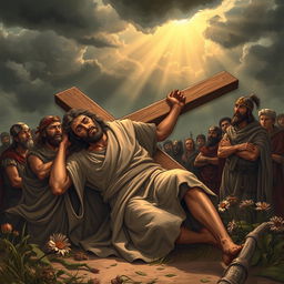 A poignant scene depicting Jesus Christ falling while carrying the cross