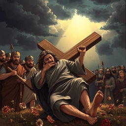 A poignant scene depicting Jesus Christ falling while carrying the cross