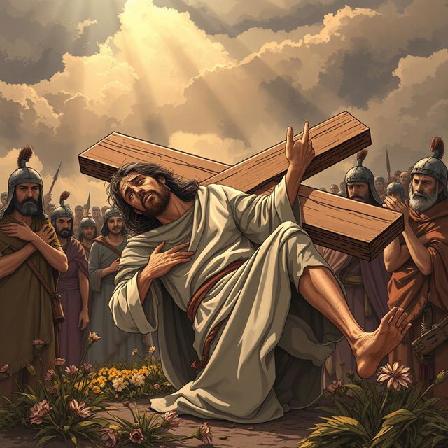 A poignant scene depicting Jesus Christ falling while carrying the cross