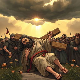 A poignant scene depicting Jesus Christ falling while carrying the cross