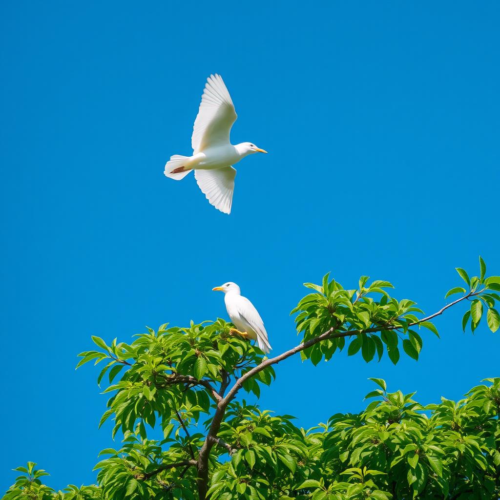 A white bird gracefully flying in the clear blue sky, its wings spread wide, capturing the essence of freedom