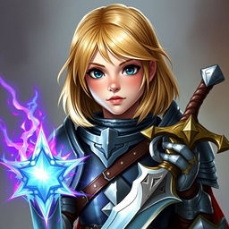 A young female human character from Dungeons & Dragons with shoulder-length blond hair