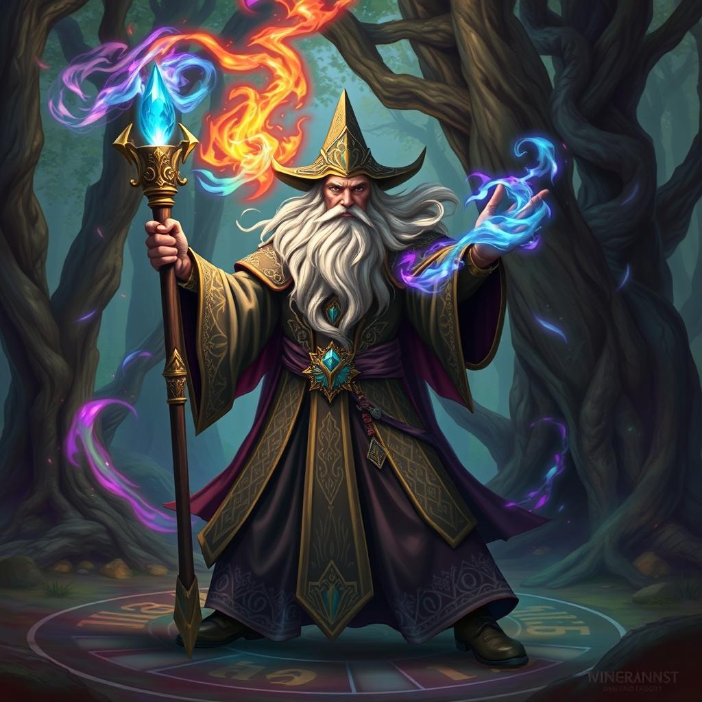 A powerful wizard in the midst of casting a spell, dressed in ornate robes adorned with mystical symbols, holding a gleaming staff topped with a glowing crystal