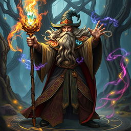 A powerful wizard in the midst of casting a spell, dressed in ornate robes adorned with mystical symbols, holding a gleaming staff topped with a glowing crystal