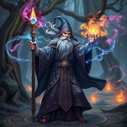 A powerful wizard in the midst of casting a spell, dressed in ornate robes adorned with mystical symbols, holding a gleaming staff topped with a glowing crystal