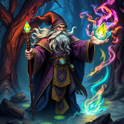 A powerful wizard in the midst of casting a spell, dressed in ornate robes adorned with mystical symbols, holding a gleaming staff topped with a glowing crystal