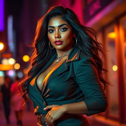 A very tall and voluptuous Indian woman exuding confidence and allure, wearing a stylish outfit that emphasizes her curves