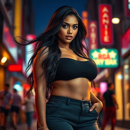 A very tall and voluptuous Indian woman exuding confidence and allure, wearing a stylish outfit that emphasizes her curves