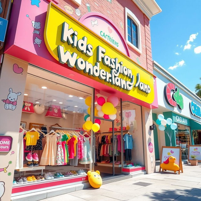 A vibrant and inviting storefront for a children's clothing shop