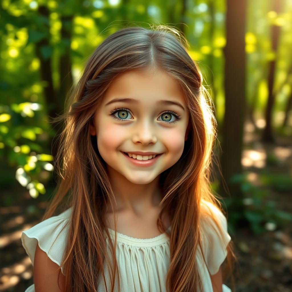 Portrait of a beautiful girl with captivating wood-colored eyes, long flowing hair and a warm smile, standing in a lush forest with sunlight filtering through the trees