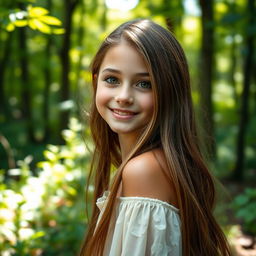 Portrait of a beautiful girl with captivating wood-colored eyes, long flowing hair and a warm smile, standing in a lush forest with sunlight filtering through the trees