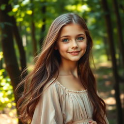 Portrait of a beautiful girl with captivating wood-colored eyes, long flowing hair and a warm smile, standing in a lush forest with sunlight filtering through the trees