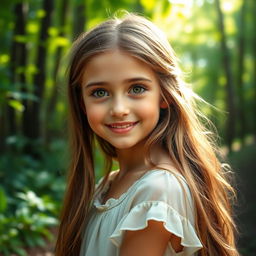 Portrait of a beautiful girl with captivating wood-colored eyes, long flowing hair and a warm smile, standing in a lush forest with sunlight filtering through the trees