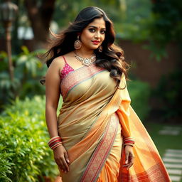 A very tall and voluptuous Indian woman in a beautifully draped saree that showcases her curves and features tasteful cleavage