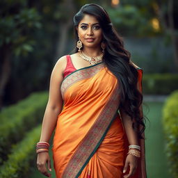 A very tall and voluptuous Indian woman in a beautifully draped saree that showcases her curves and features tasteful cleavage