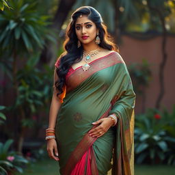 A very tall and voluptuous Indian woman in a beautifully draped saree that showcases her curves and features tasteful cleavage