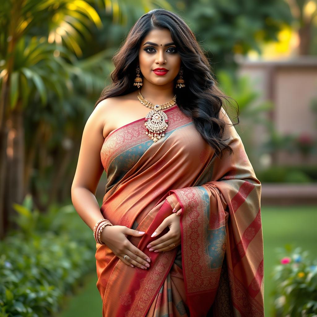 A very tall and voluptuous Indian woman in a beautifully draped saree that showcases her curves and features tasteful cleavage