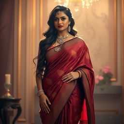 A very tall and voluptuous Indian woman wearing an elegant saree that highlights her curves and showcases her sensuality, featuring tasteful cleavage