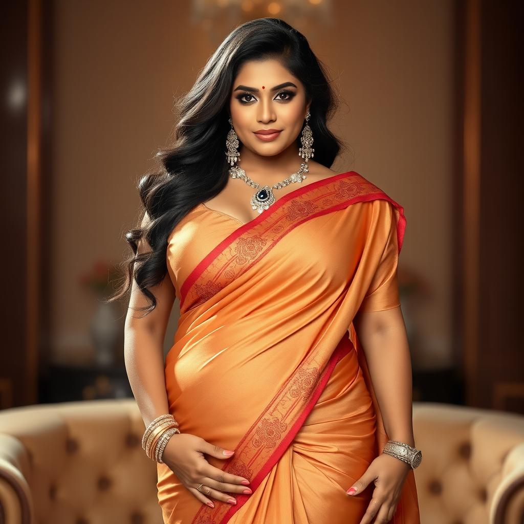 A very tall and voluptuous Indian woman wearing an elegant saree that highlights her curves and showcases her sensuality, featuring tasteful cleavage