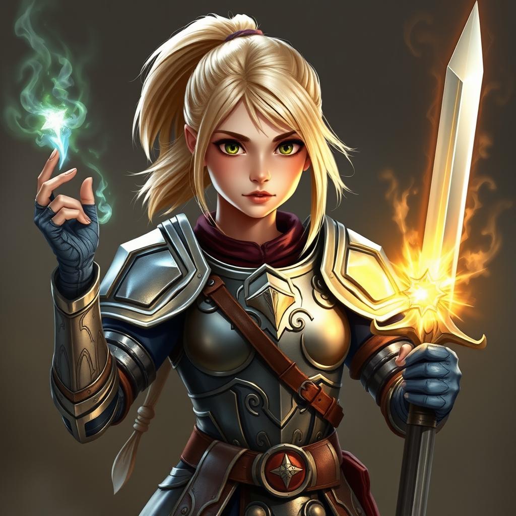 A young female human character from Dungeons & Dragons, featuring shoulder-length blond hair tied back in a ponytail