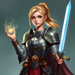 A young female human character from Dungeons & Dragons, featuring shoulder-length blond hair tied back in a ponytail