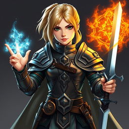 A young female human character from Dungeons & Dragons, featuring shoulder-length blond hair tied back in a ponytail