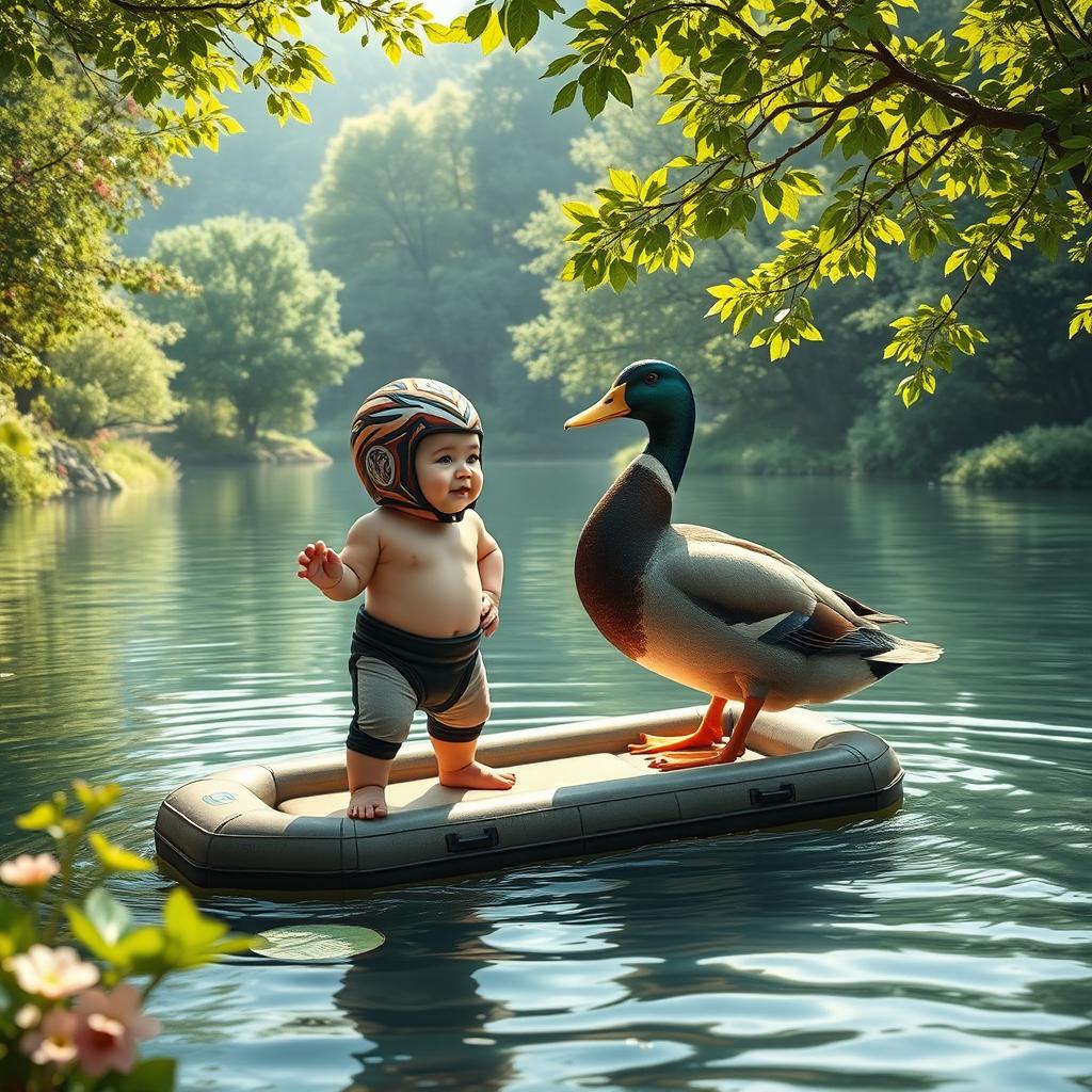 A realistic scene depicting a baby dressed as a wrestler standing confidently on a raft in a beautiful, serene river