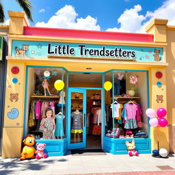 A colorful and charming storefront for a children's clothing shop
