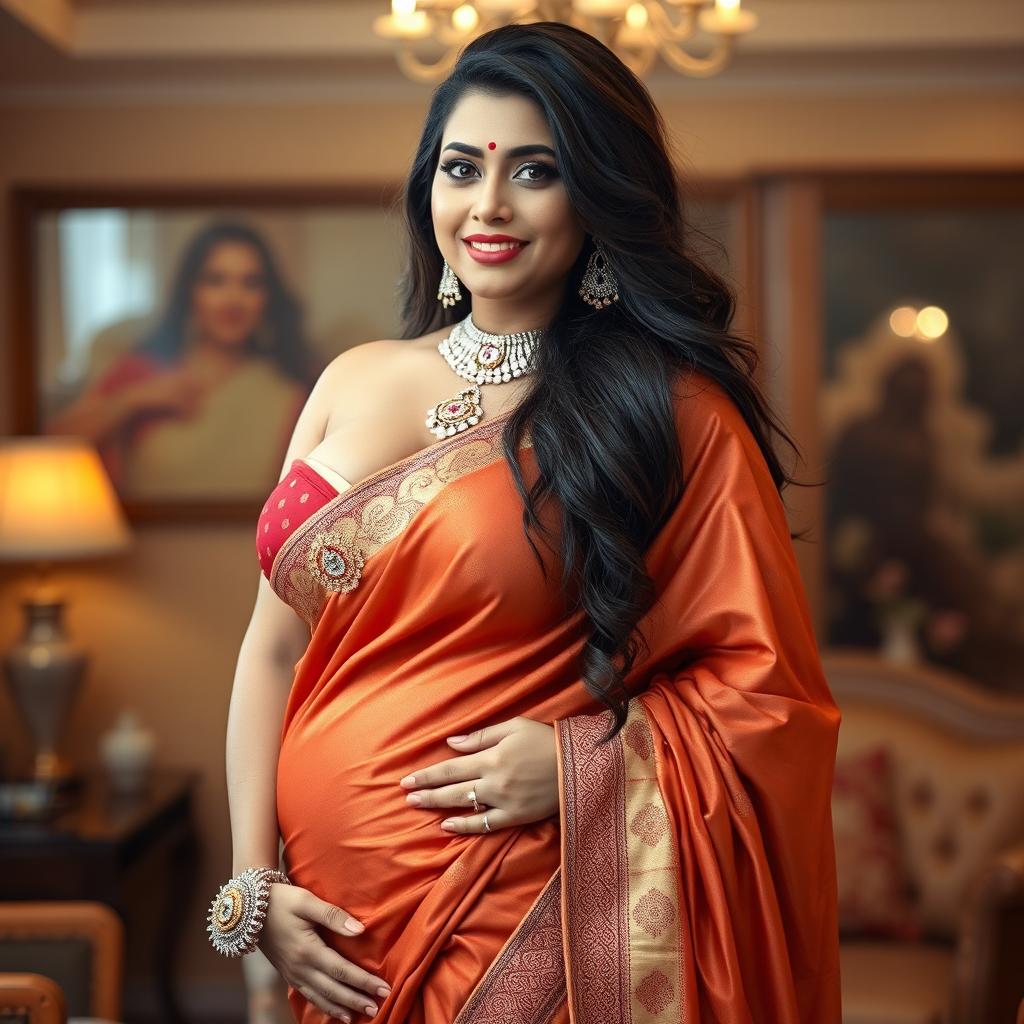 A very tall and voluptuous Indian woman wearing a stunning saree that elegantly showcases her curves and sensual cleavage