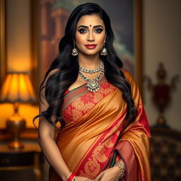 A very tall and voluptuous Indian woman wearing a stunning saree that elegantly showcases her curves and sensual cleavage