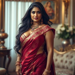 A very tall and voluptuous Indian woman wearing a stunning saree that elegantly showcases her curves and sensual cleavage