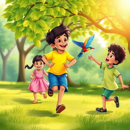 A joyful scene depicting three children, Sohan, Mita, and Bali, playing together in a lush green park
