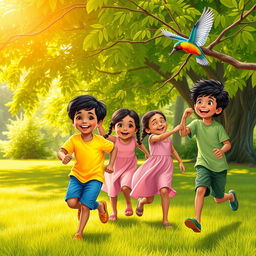 A joyful scene depicting three children, Sohan, Mita, and Bali, playing together in a lush green park