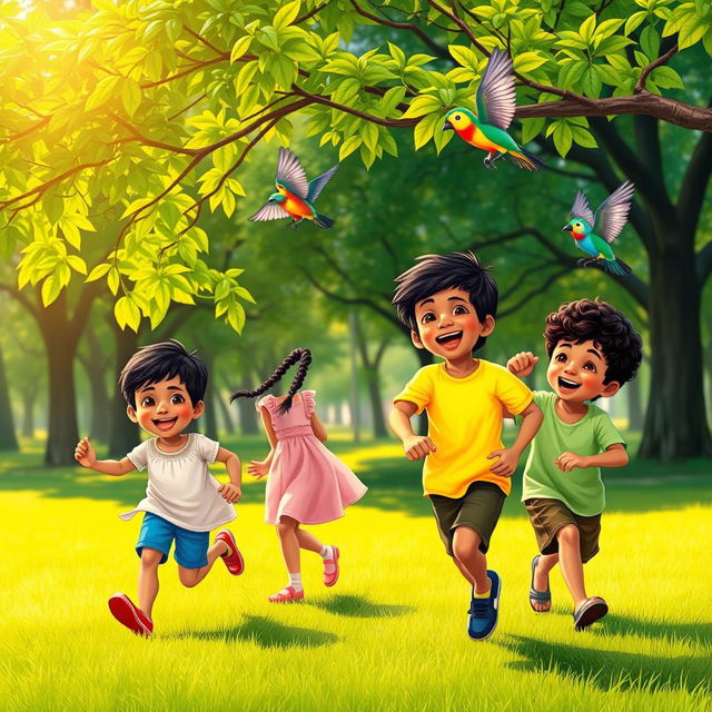 A joyful scene depicting three children, Sohan, Mita, and Bali, playing together in a lush green park