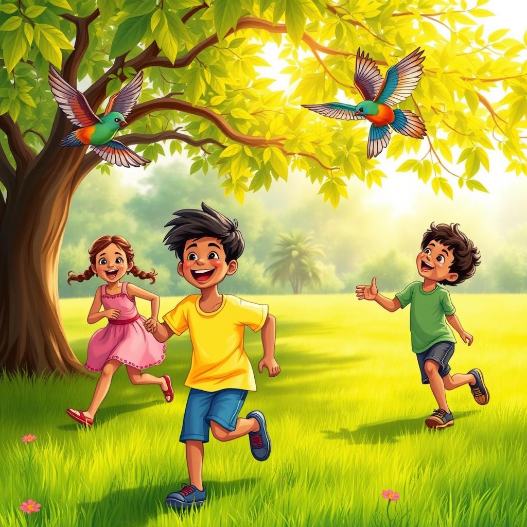 A joyful scene depicting three children, Sohan, Mita, and Bali, playing together in a lush green park