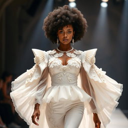 A stunning model walking down a runway, wearing an ensemble that embodies baroque romanticism