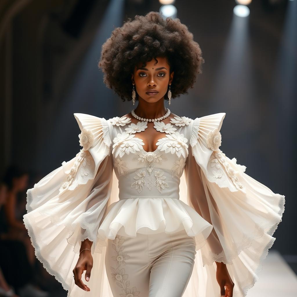 A stunning model walking down a runway, wearing an ensemble that embodies baroque romanticism