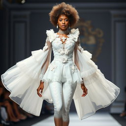 A stunning model walking down a runway, wearing an ensemble that embodies baroque romanticism