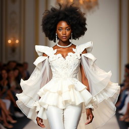 A stunning model walking down a runway, wearing an ensemble that embodies baroque romanticism