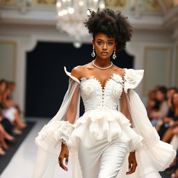 A stunning model walking down a runway, wearing an ensemble that embodies baroque romanticism