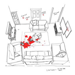 A detailed illustration of a crime scene sketch depicting a living room where a crime has occurred
