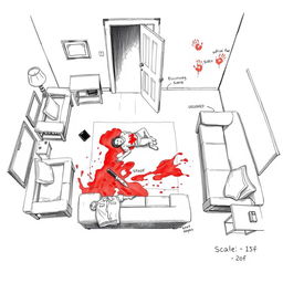 A detailed illustration of a crime scene sketch depicting a living room where a crime has occurred