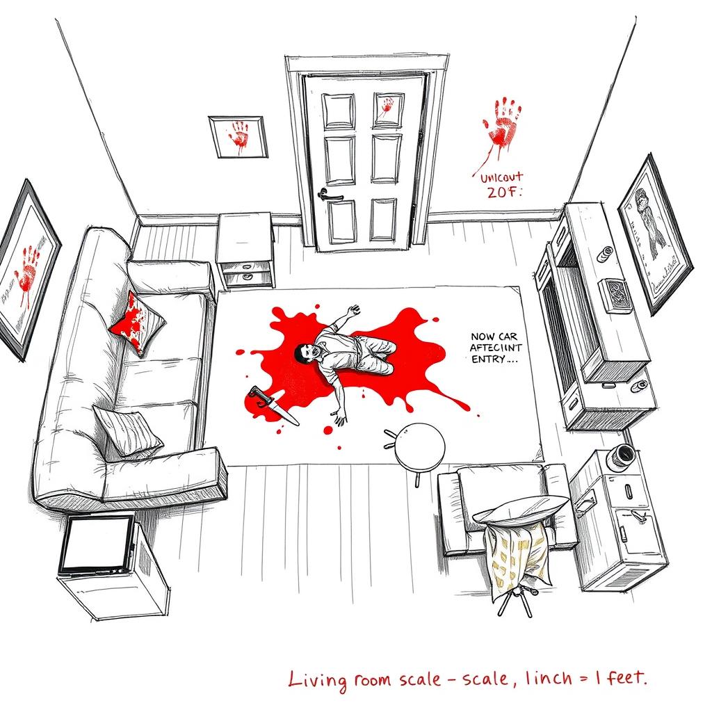 A detailed illustration of a crime scene sketch depicting a living room where a crime has occurred