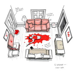 A detailed illustration of a crime scene sketch depicting a living room where a crime has occurred