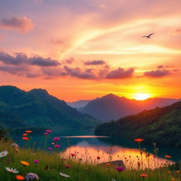 A vibrant and qualitative image showcasing a scenic landscape at sunset with lush green mountains, a serene lake reflecting the colors of the sky, and wildflowers in the foreground
